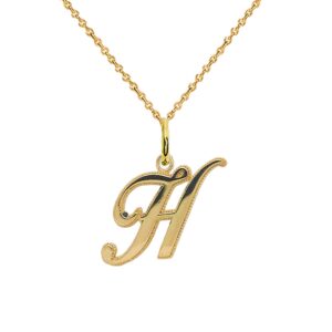 Solid 10k Yellow Gold Personalized Cursive-Style "H" Initial Pendant Necklace, 18"