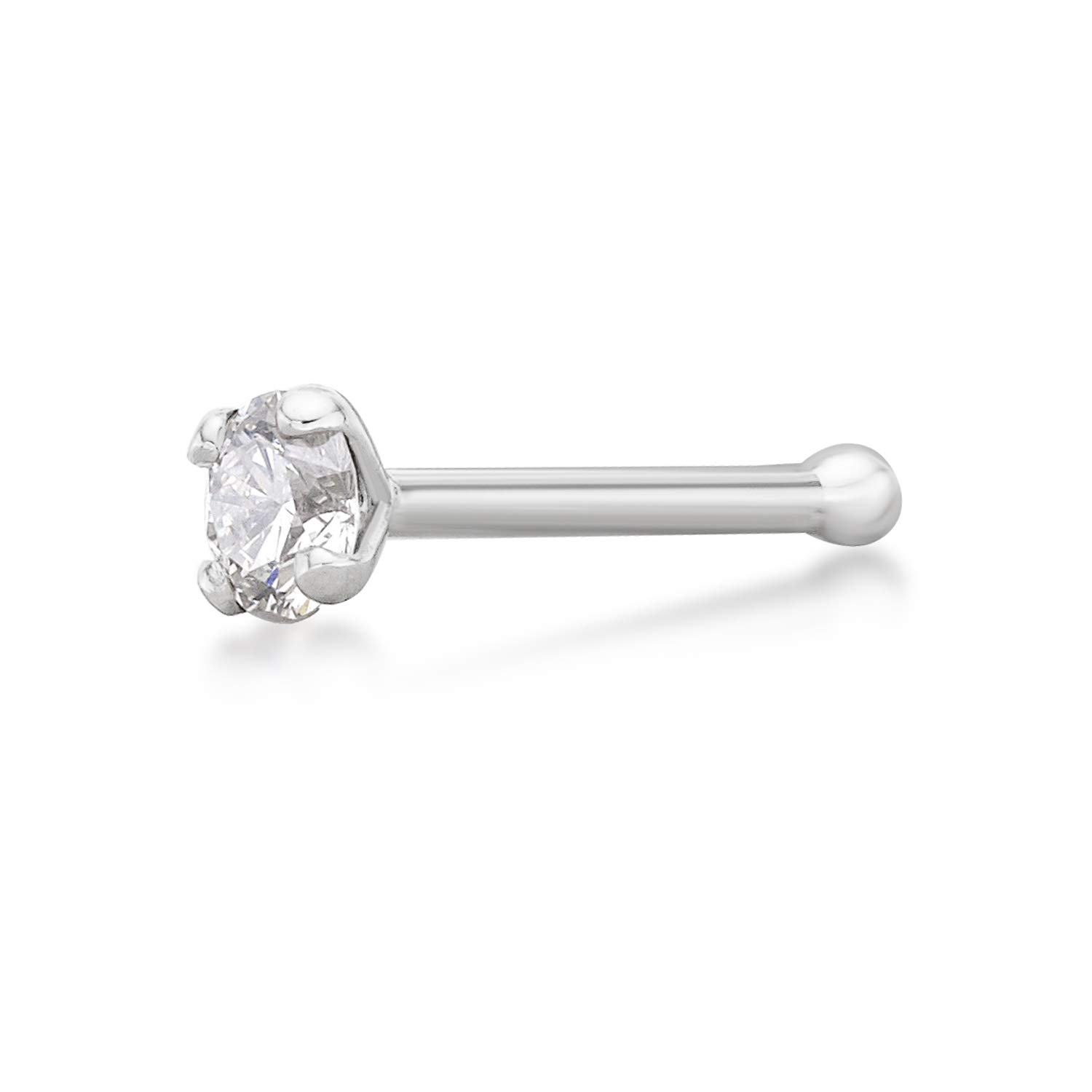 Lavari Jewelers 20 Gauge Straight Bone Stud Nose Ring for Women in 14k White Gold with 0.07 Carat Diamond