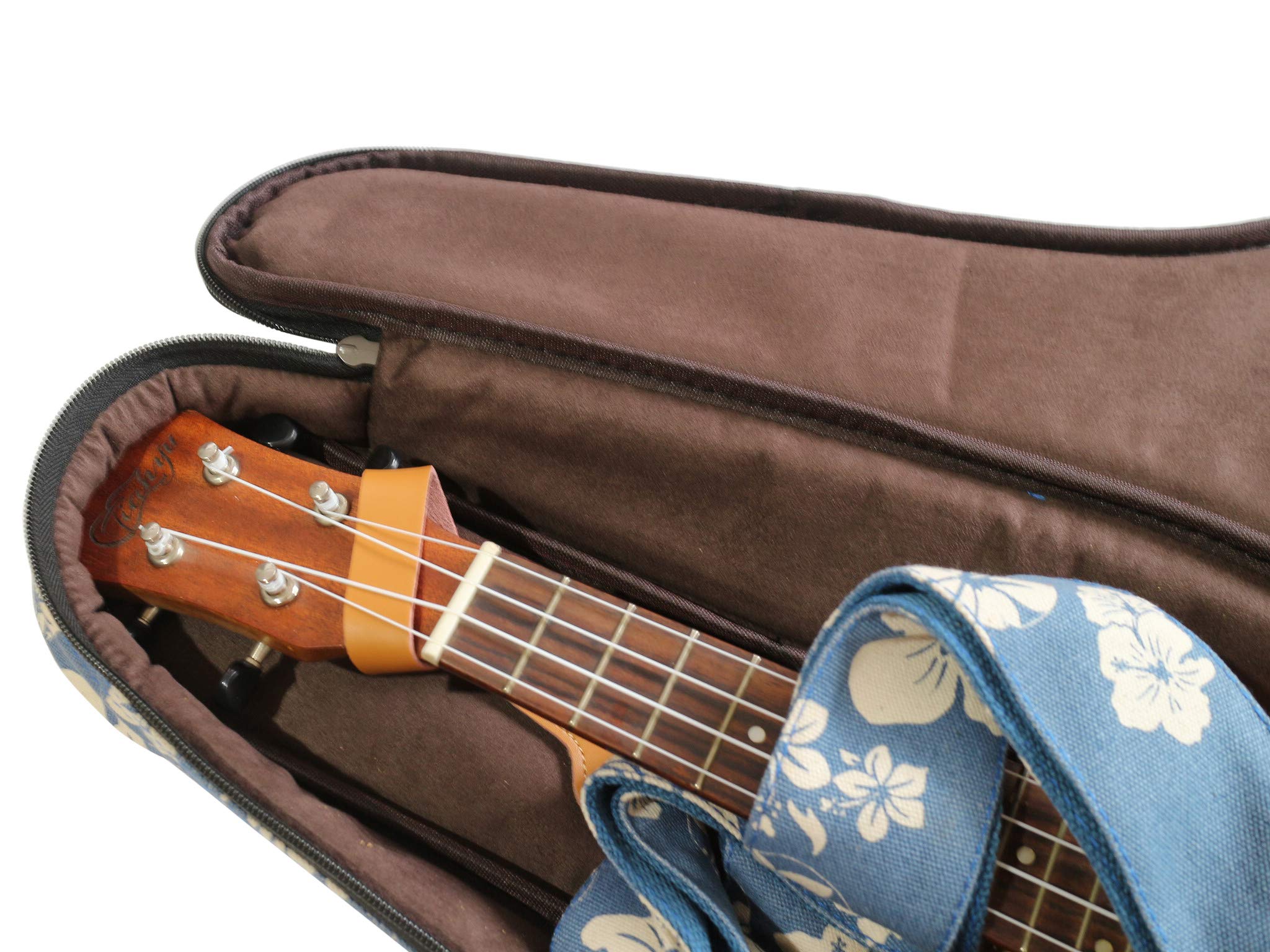 MUSIC FIRST Original Design 0.5" Thick Padded Hawaii Style “Blue and White Plumeria” Canvas Ukulele Case, Ukulele Bag, Ukulele Cover, Salute ELVIS (Fit for 23~24 inch Concert Ukulele)