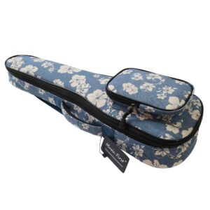 MUSIC FIRST Original Design 0.5" Thick Padded Hawaii Style “Blue and White Plumeria” Canvas Ukulele Case, Ukulele Bag, Ukulele Cover, Salute ELVIS (Fit for 23~24 inch Concert Ukulele)