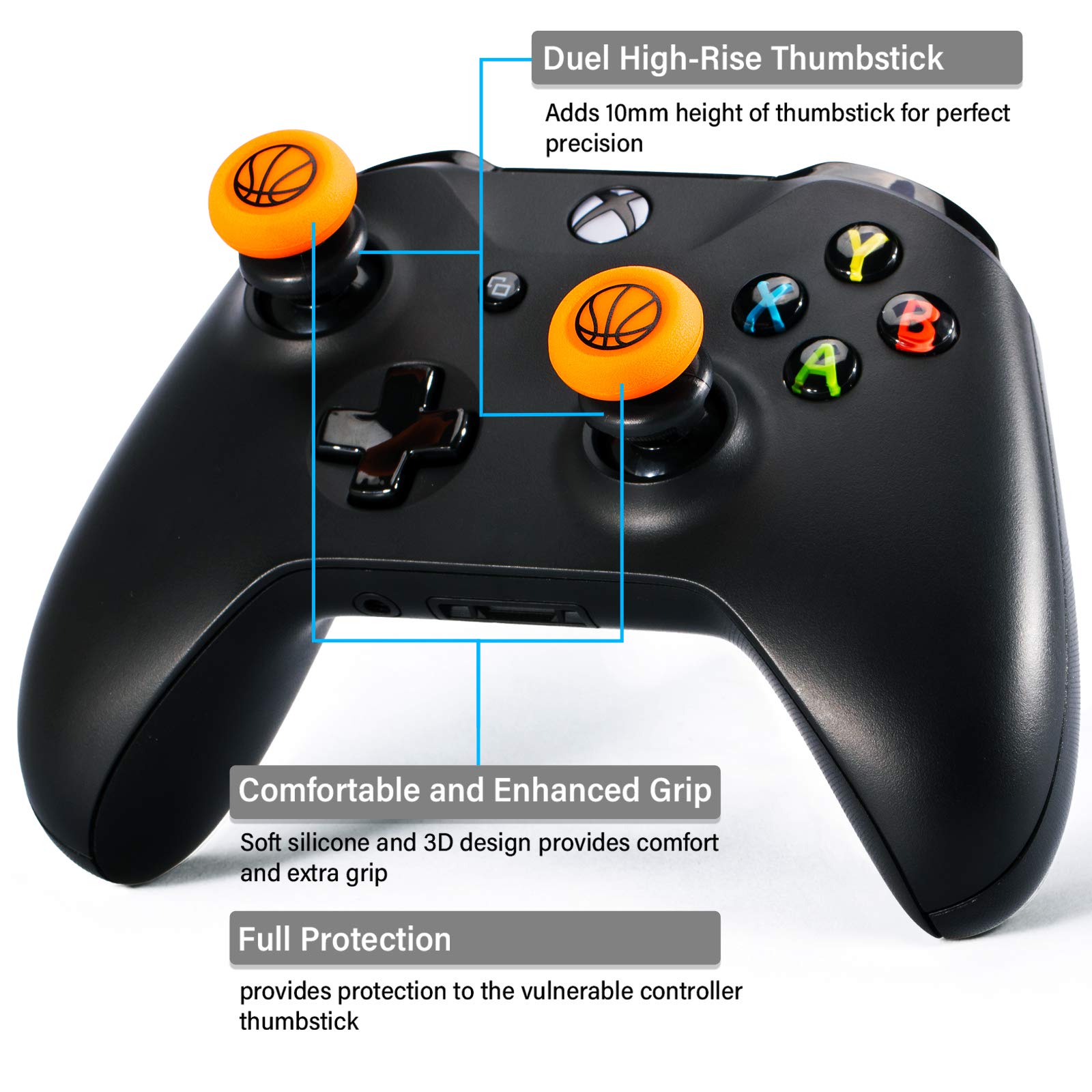 Playrealm FPS Thumbstick Extender & Printing Rubber Silicone Grip Cover 2 Sets for Xbox Series X/S & Xbox One Controller(Basketball)