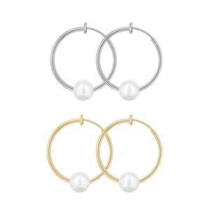 YOQUCOL 2 Pairs Clip On Hoop Earrings for Women Simulated Freshwater Pearl Non Pierced Ears Spring Hoops