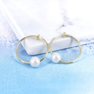 YOQUCOL 2 Pairs Clip On Hoop Earrings for Women Simulated Freshwater Pearl Non Pierced Ears Spring Hoops