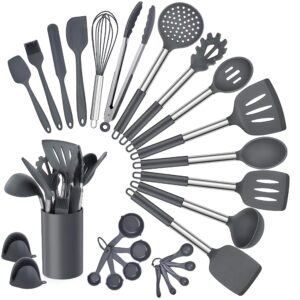 homikit 27 pieces silicone cooking utensils set with holder, kitchen utensil sets for nonstick cookware, gray kitchen tools spatula with stainless steel handle, heat resistant