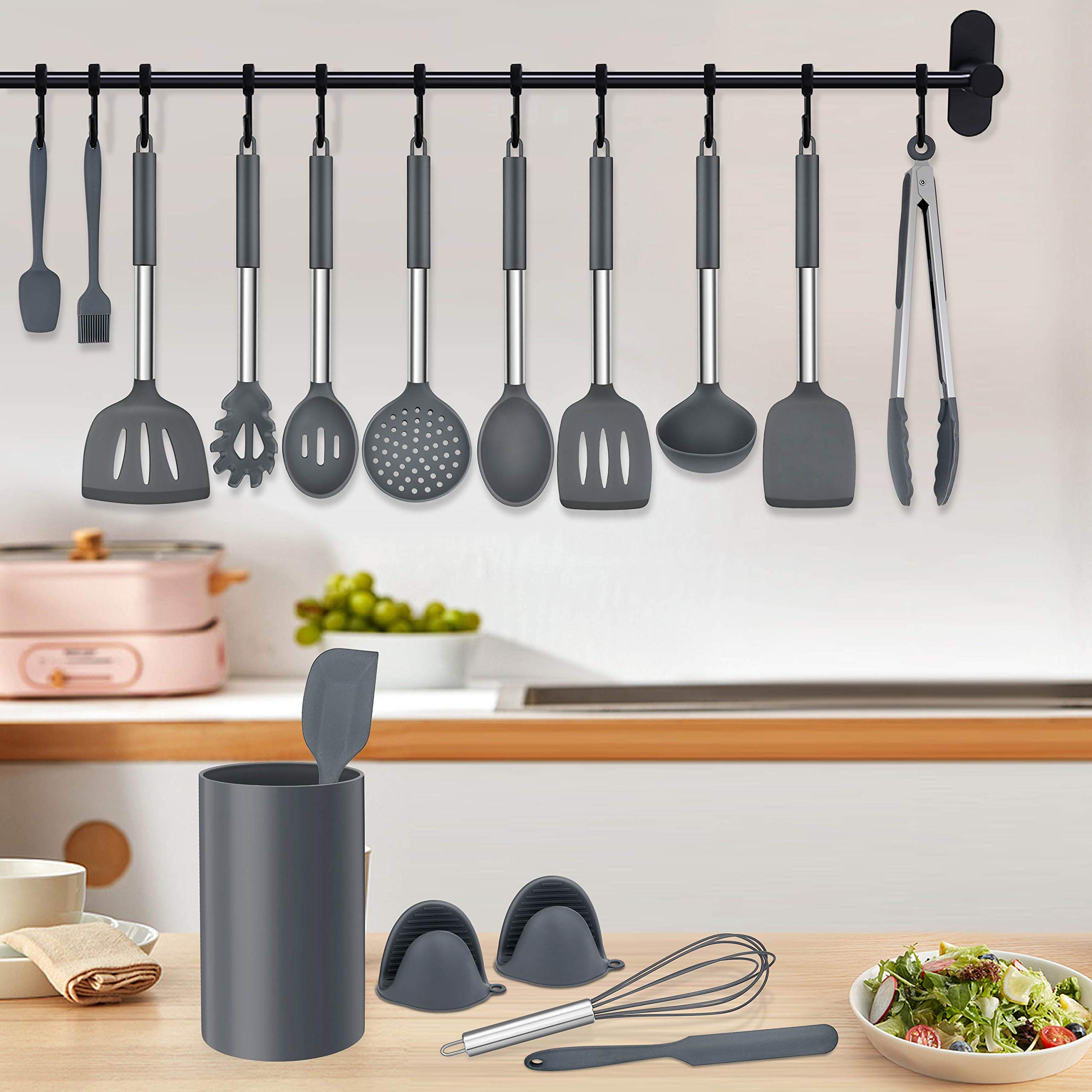 Homikit 27 Pieces Silicone Cooking Utensils Set with Holder, Kitchen Utensil Sets for Nonstick Cookware, Gray Kitchen Tools Spatula with Stainless Steel Handle, Heat Resistant