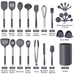 Homikit 27 Pieces Silicone Cooking Utensils Set with Holder, Kitchen Utensil Sets for Nonstick Cookware, Gray Kitchen Tools Spatula with Stainless Steel Handle, Heat Resistant