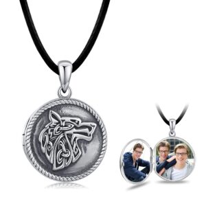 chenghong wolf necklace locket necklace 925 sterling silver locket necklace that holds pictures vintage oxidized wolf pendant for women viking jewelry for men