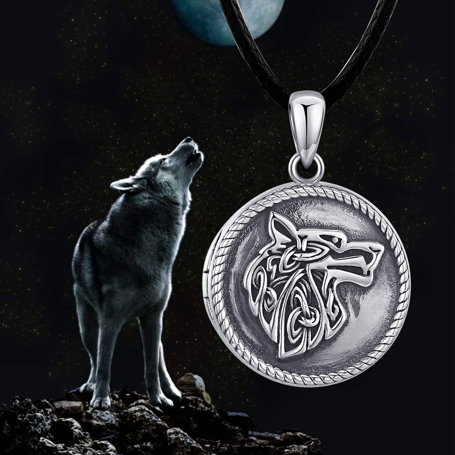 CHENGHONG Wolf Necklace Locket Necklace 925 Sterling Silver Locket Necklace That Holds Pictures Vintage Oxidized Wolf Pendant for Women Viking Jewelry for Men