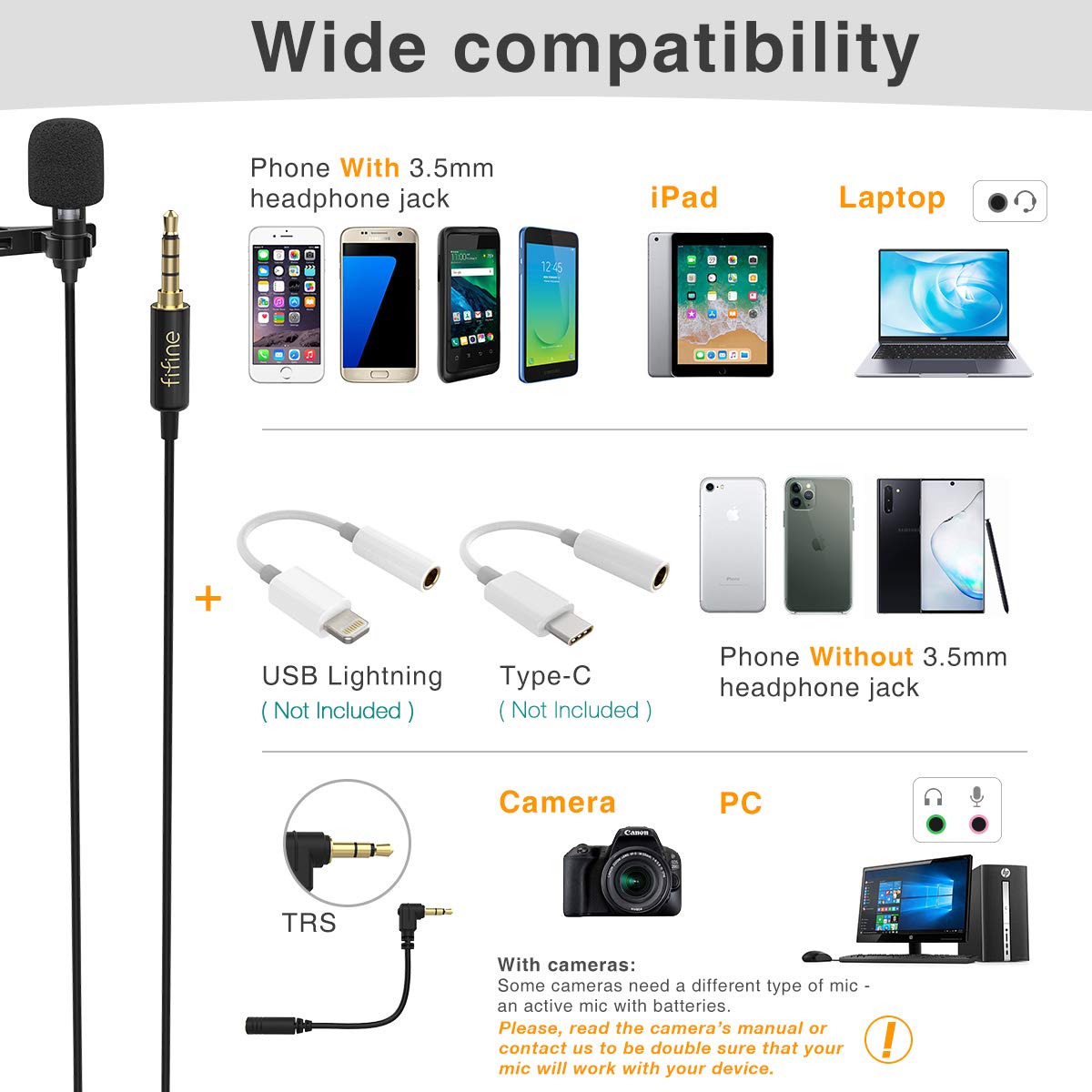 FIFINE Lavalier Lapel Microphone for iPhone Smartphone PC Computer, Mini Clip-on 3.5mm Condenser Mic Kit for Recording YouTube Video Vlog Podcast Zoom, 79 Inch Extension Cord, Omnidirectional-C2A