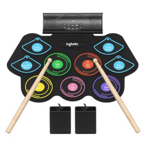 paxcess portable 9 pad roll-up electronic drum set with realistic sounds, foot pedals, drumsticks, built-in speaker, and rechargeable battery