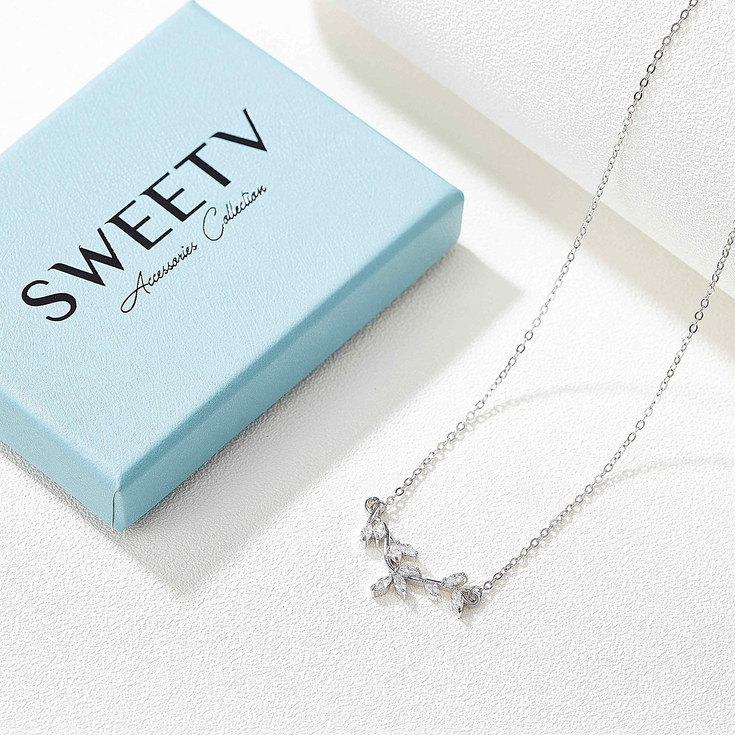 SWEETV Crystal Wedding Bridal Necklace for Brides, Cubic Zirconia Dainty Vine Pendant Necklace for Women, Bridesmaid Gift