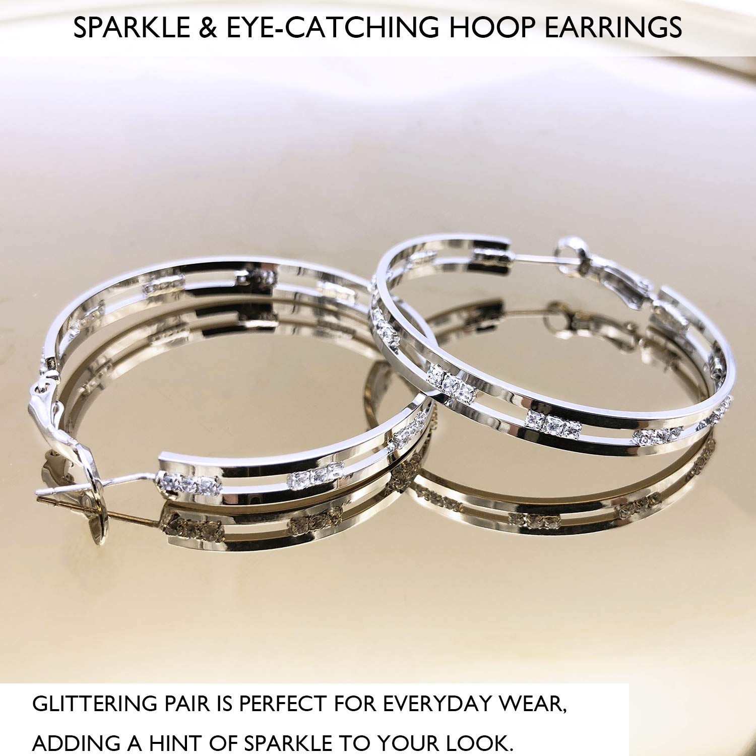 GANADARA Cubic Zirconia Hoop Earrings for Women - 14K Gold Plated 925 Sterling Silver Shiny Wide Round Hoop Earrings (Silver)