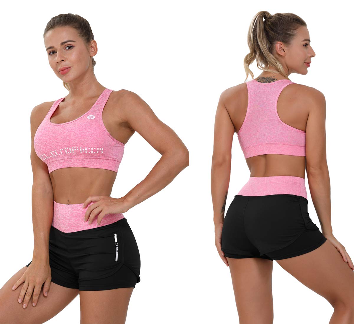 Workout Outfit Set for Women 5 Pieces Yoga Exercise Clothes with Sport Bra Shorts Leggings Shirt Jacket Athletic(Pink, L)