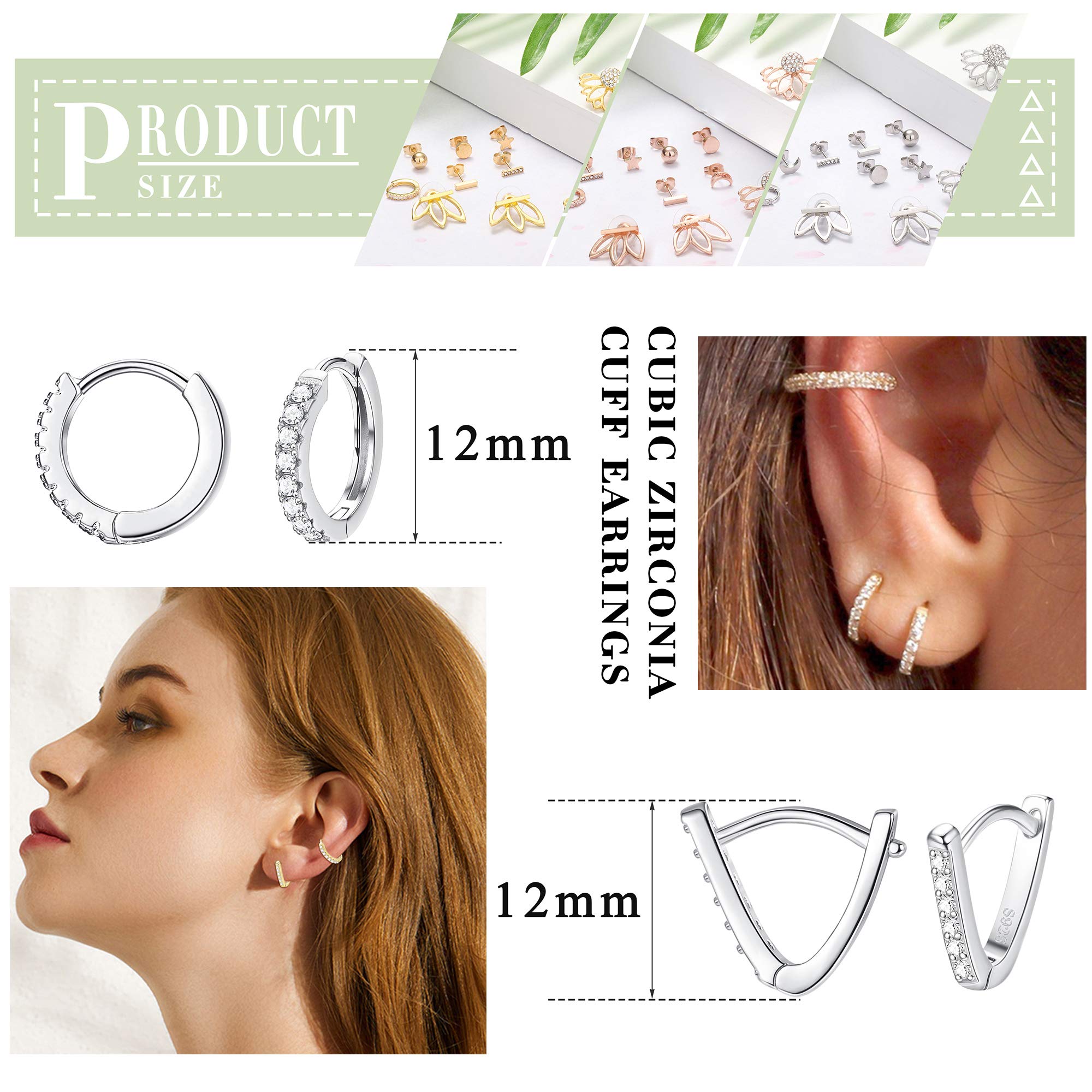 LOYALLOOK 10Pairs Stainless Steel Stud Earring Set Moon Star Bar Earrings Lotus Ear Jacket CZ Cuff Hoop Huggie Cartilage Earring for Women, Silver