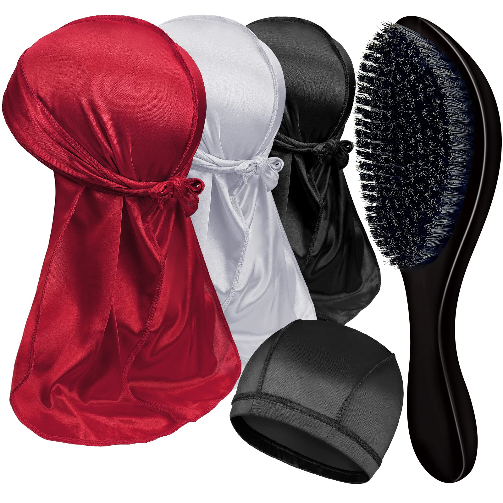 3PCS Silky Durags with 1 Wave Brush Pakcs for Men Waves, Satin Doo Rags and Medium Curve Waves Brush - Made with Boar Bristles -All Purpose 360 Waves Brush