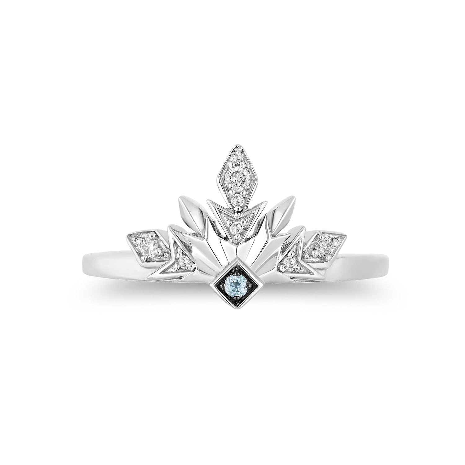 Jewelili Enchanted Disney Fine Jewelry Sterling Silver 1.5MM Round Cut Swiss Blue Topaz and 1/5 Cttw Natural White Round Diamonds Frozen 2 Elsa Snowflake Ring Size 7