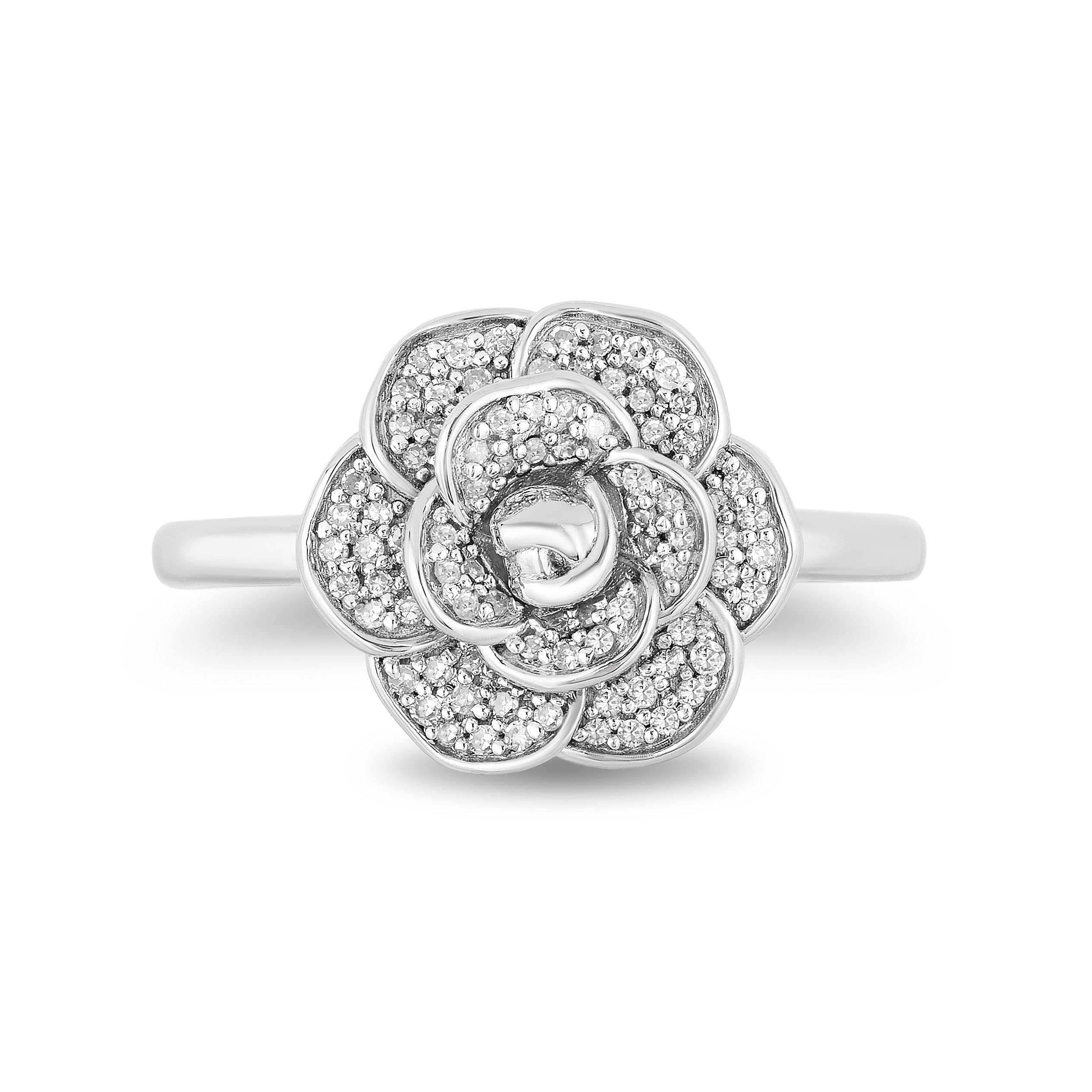 Jewelili Enchanted Disney Fine Jewelry Sterling Silver with 1/5 CTTW Diamonds Cinderella 70th Anniversary Gardenia Flower Ring