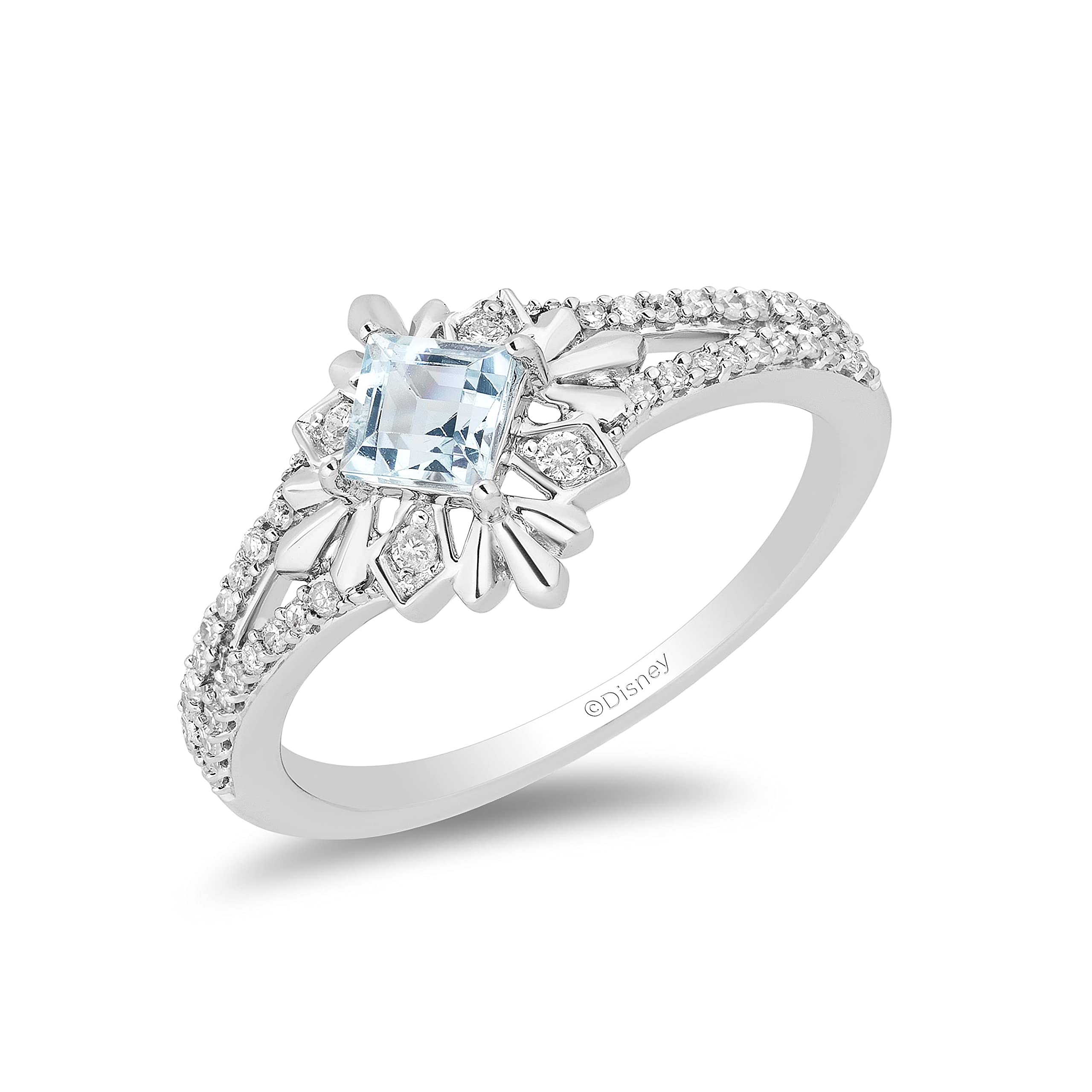 Jewelili Enchanted Disney Fine Jewelry Sterling Silver with 1/5 Cttw Diamond and Aquamarine Elsa Snowflake Ring Size 7