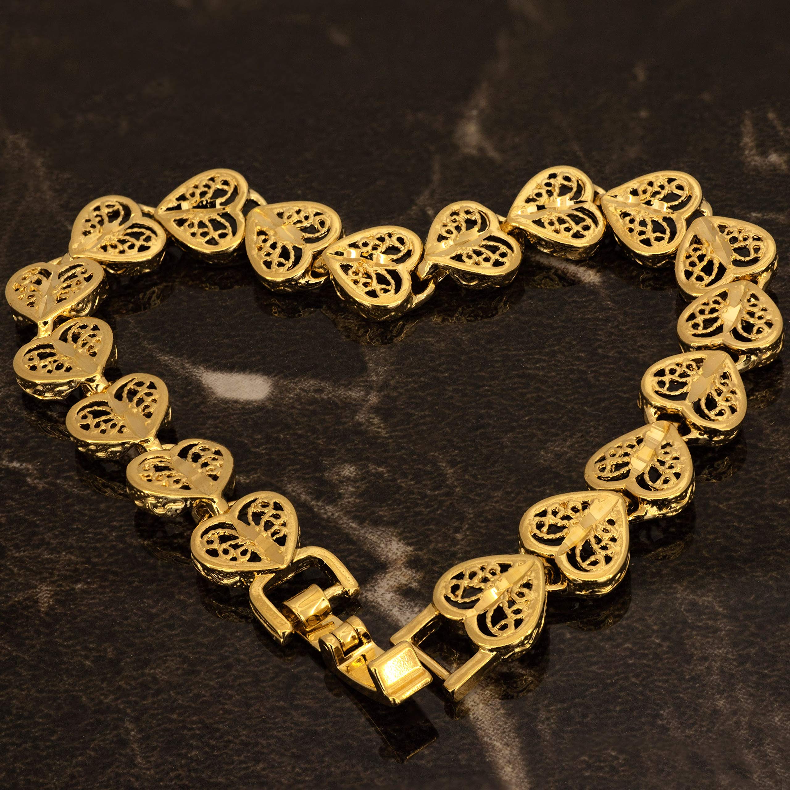 LIFETIME JEWELRY Heart Bracelets for Women and Teen 24k Real Gold Plated (Filigree heart, 9 inches)