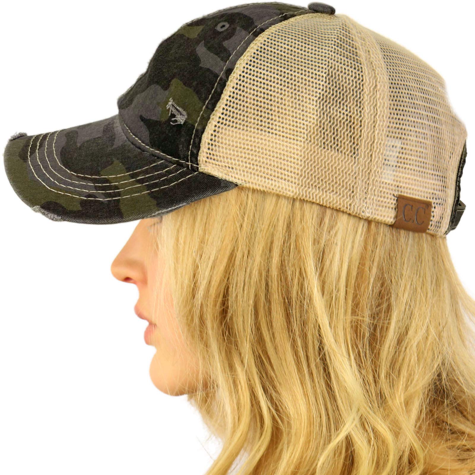 CC Everyday Distressed Trucker Mesh Summer Vented Baseball Sun Cap Hat (Camouflage Black)