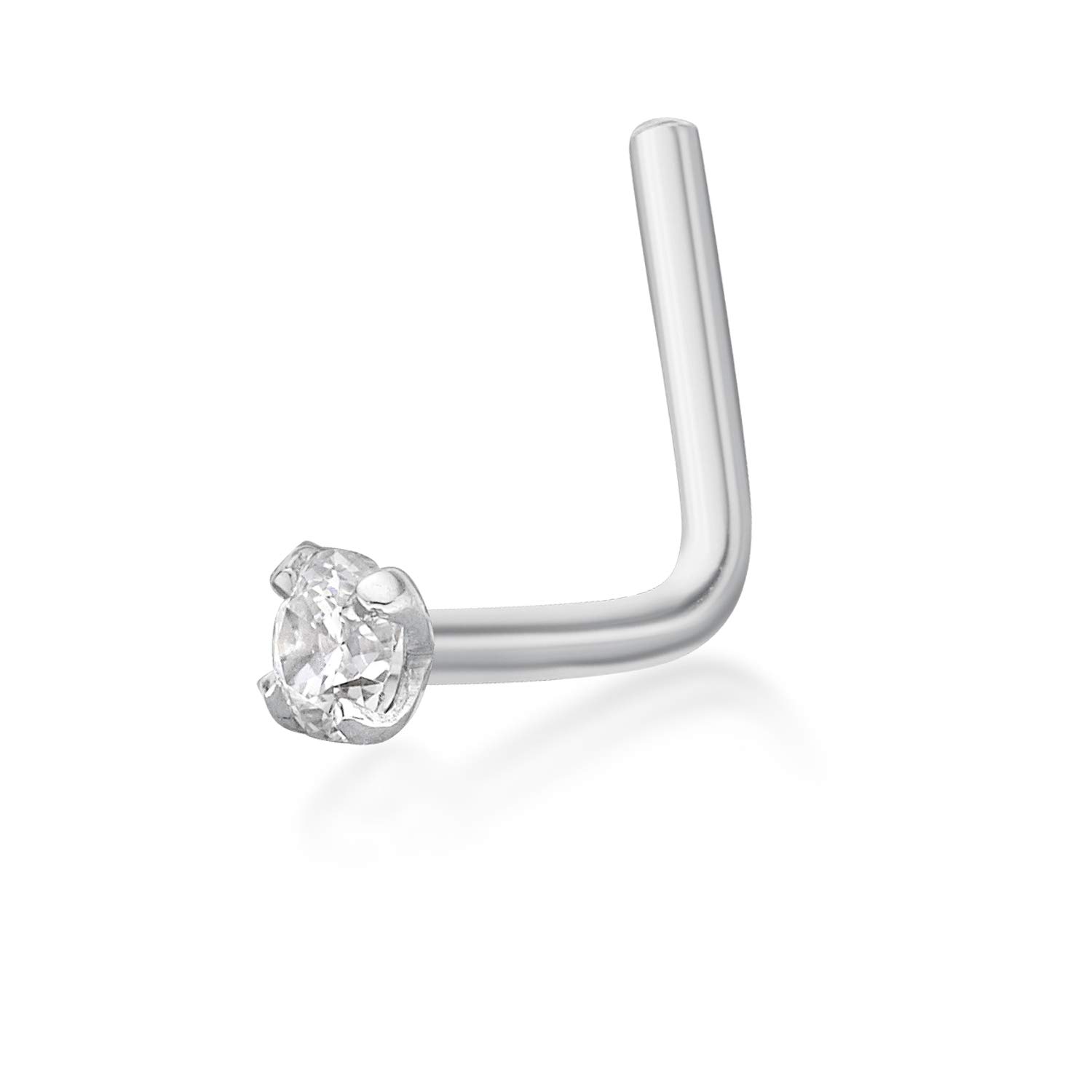 Lavari Jewelers 20 Gauge L-Shape Nose Stud Ring for Women in 14k White Gold with 2 mm Cubic Zirconia