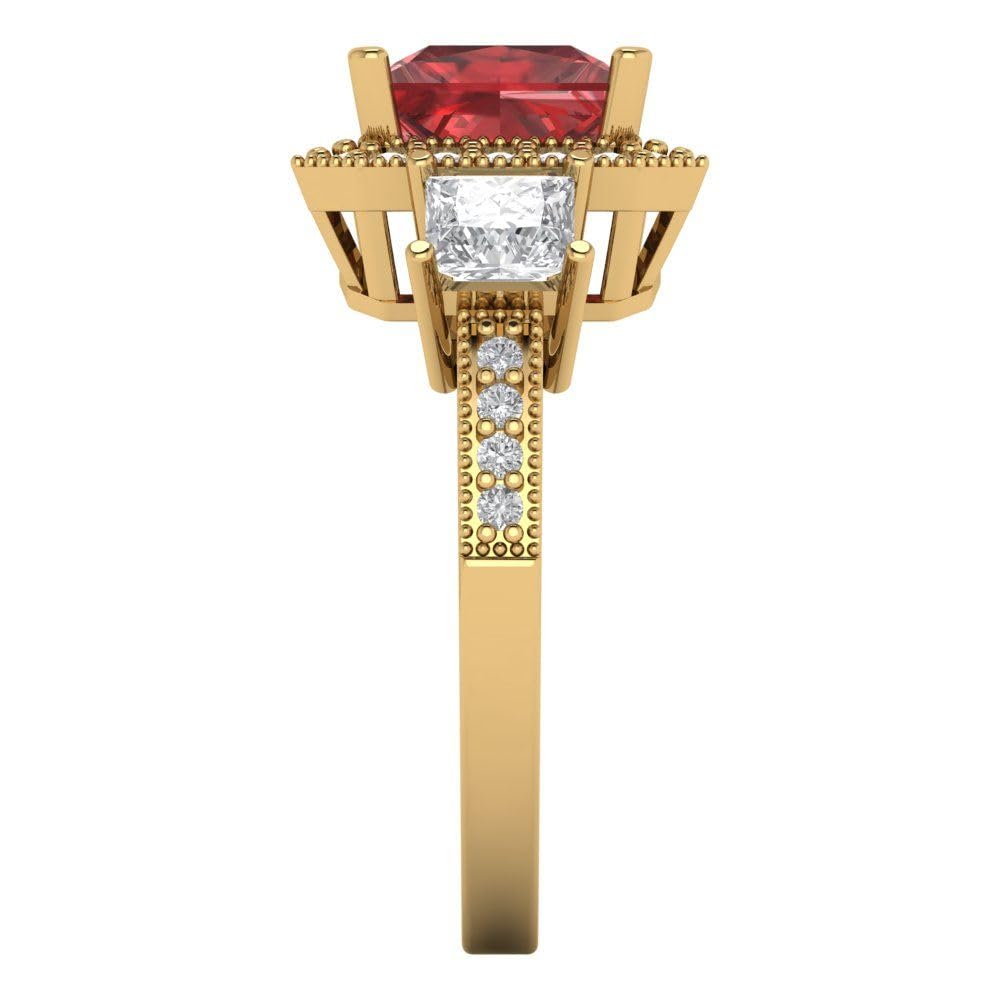 Clara Pucci 2.87ct Cushion Cut Halo Solitaire 3 stone Garnet Designer Wedding Bridal art deco Anniversary Ring 14k Yellow Gold 6.75