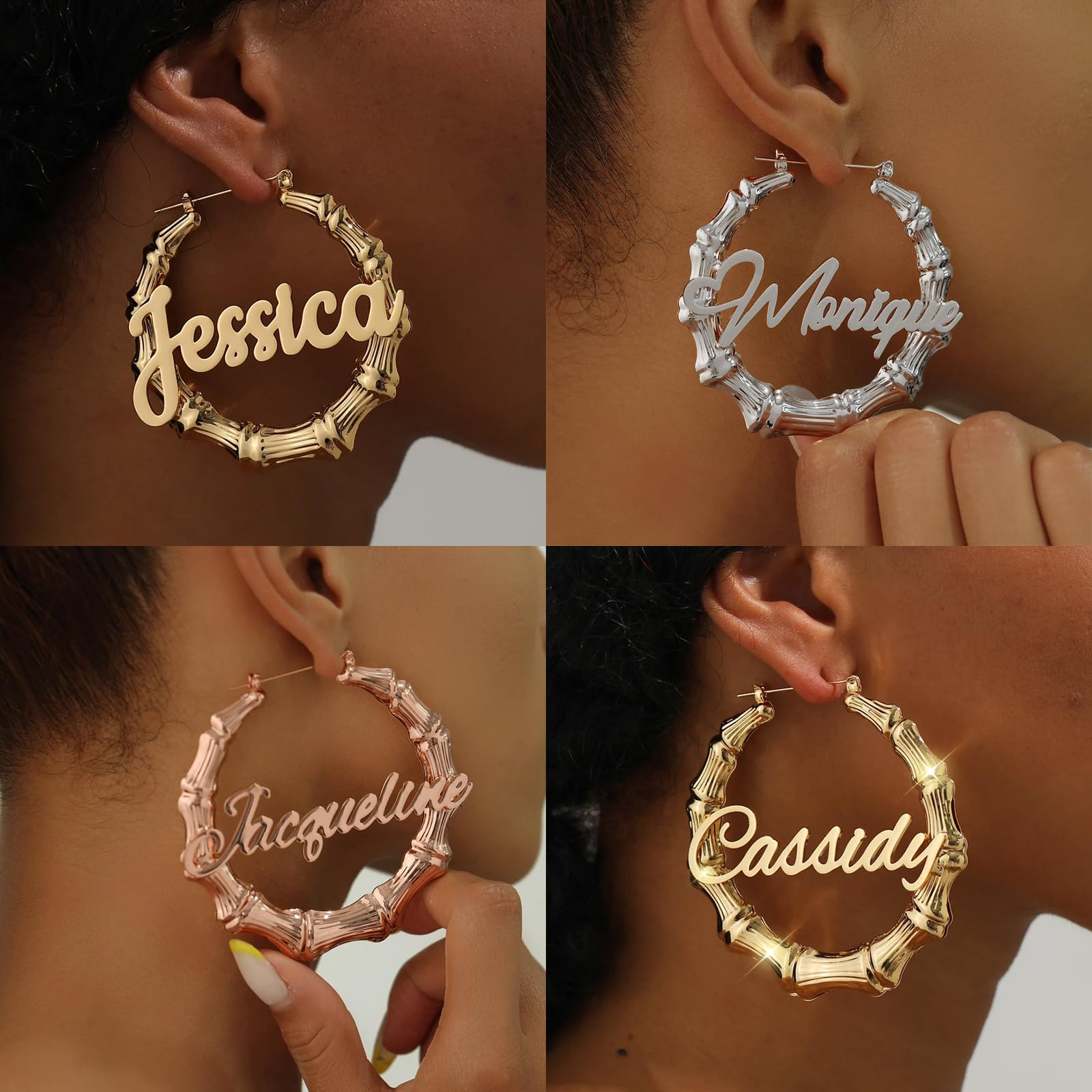 3UMeter Custom Bamboo Earrings for Women Name Earrings Personalized 18K Gold Plated Customized Earrings Fashion Jewelry Gifts (3.2 inches, Bamboo)