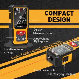 PREXISO Mini Laser Measurement Tool, 135Ft Rechargeable Laser Distance Meter Ft/Ft+in/in/M Unit, Laser Measure with High Accuracy, Pythagorean, Distance, Area, Volume Modes