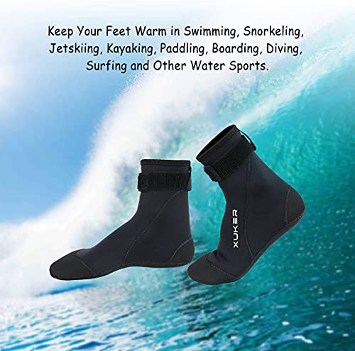 XUKER Waterproof Water Socks 3mm, Neoprene Sand Proof Beach Volleyball Soccer Socks Water Shoes Wetsuit Booties Men Women for Diving Swimming Surfing Snorkeling, Glued Blind Stitched High Cut