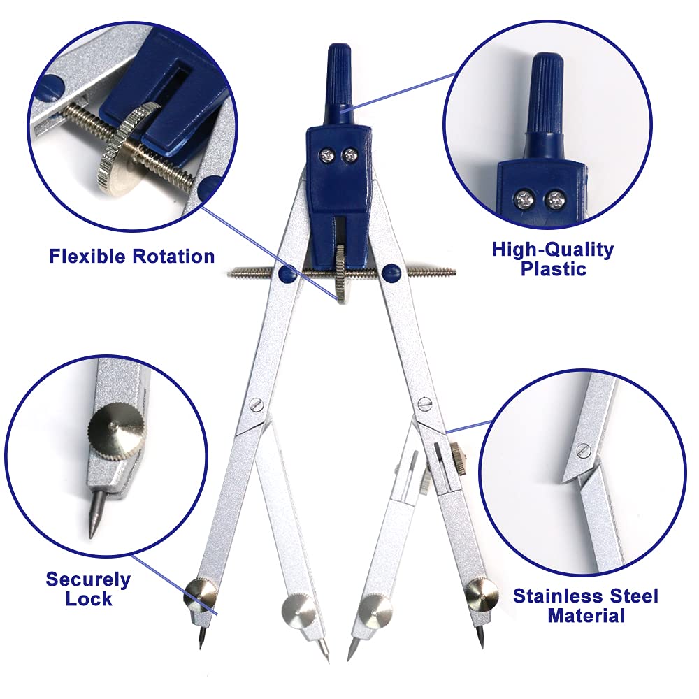 Compass for Geometry Large, Professional Drawing Compass Metal Drafting Compass Kit with Extension Bar,Metal Compass Geometry Set for Geometry, Drafting, Math, Drawing, for Engineer and Mathematician