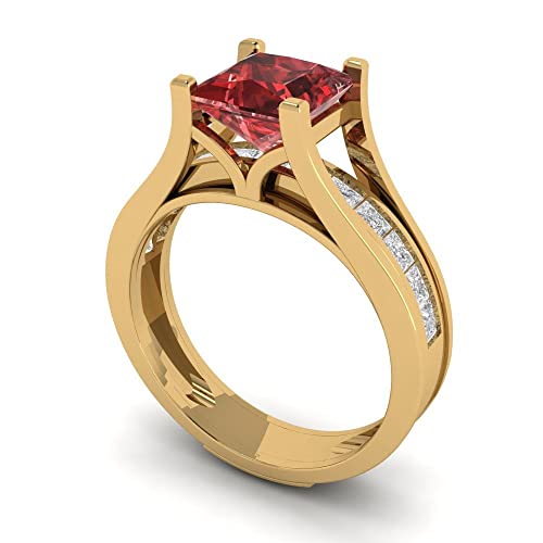 Clara Pucci 3.37ct Princess Cut Pave Solitaire with Accent Scarlet Red Garnet Sliding Statement Bridal Ring Band Set 14k Yellow Gold 5