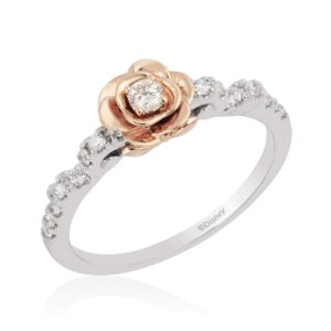 jewelili enchanted disney fine jewelry sterling silver and 10k rose gold with 1/4cttw diamond belle rose ring