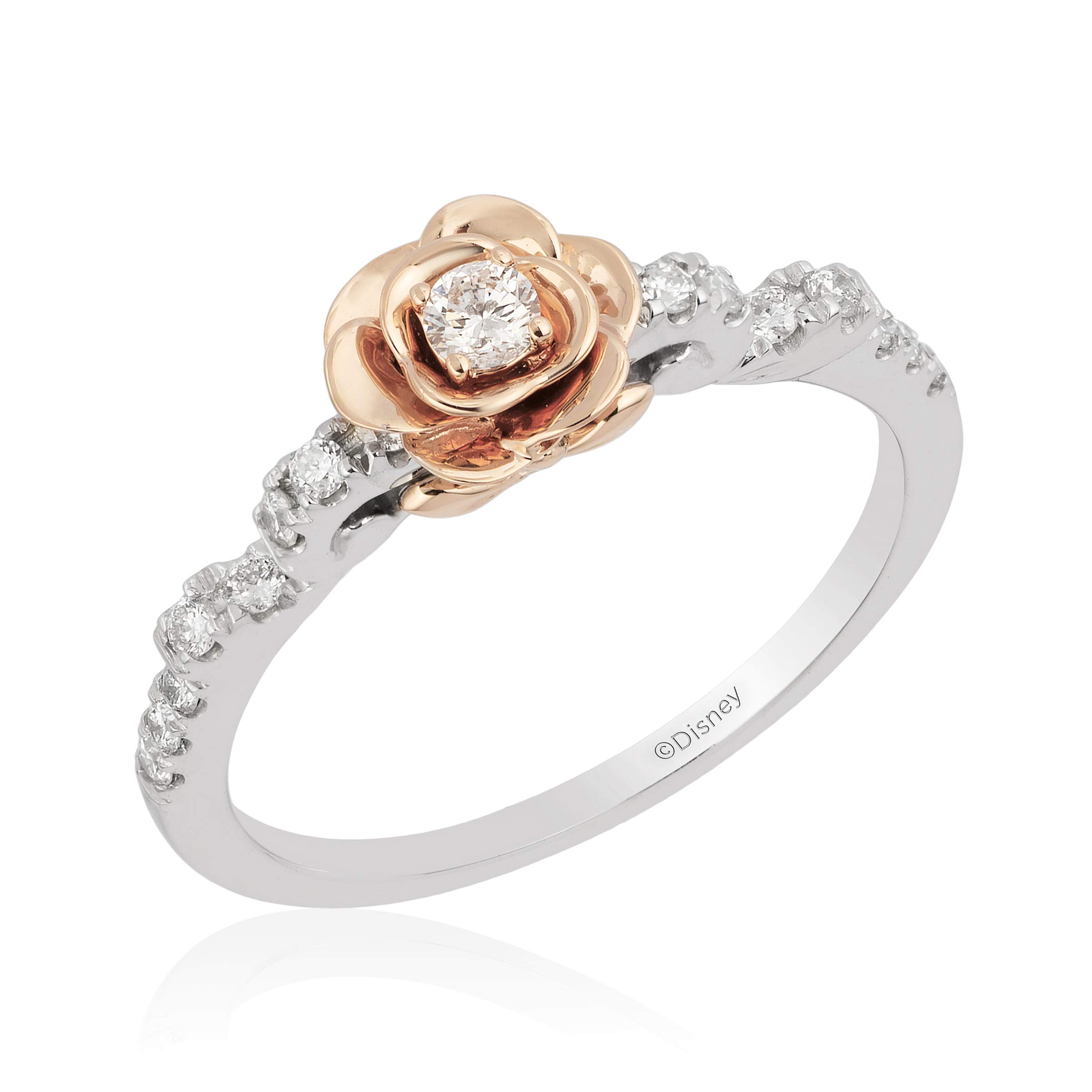 Jewelili Enchanted Disney Fine Jewelry Sterling Silver and 10K Rose Gold With 1/4Cttw Diamond Belle Rose Ring