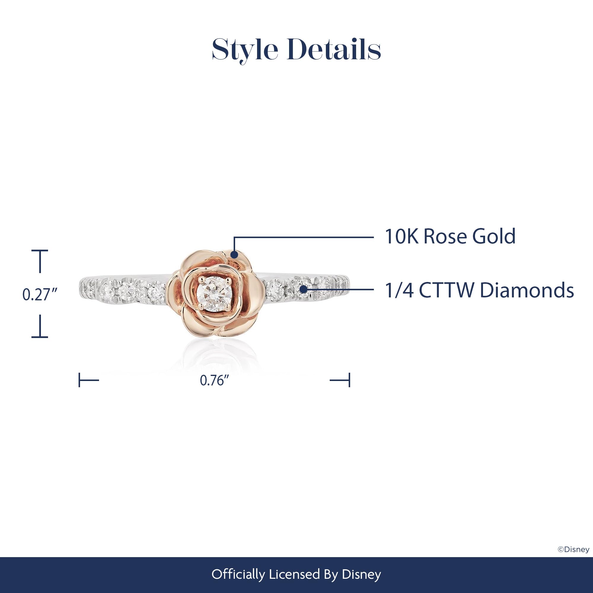 Jewelili Enchanted Disney Fine Jewelry Sterling Silver and 10K Rose Gold With 1/4Cttw Diamond Belle Rose Ring