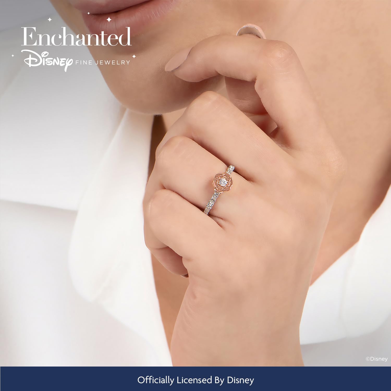 Jewelili Enchanted Disney Fine Jewelry Sterling Silver and 10K Rose Gold With 1/4Cttw Diamond Belle Rose Ring