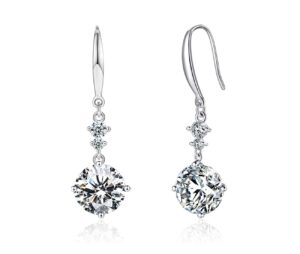 drop dangle earrings 925 sterling silver hook with 9mm 2.75ct cz and 2pcs small cubic zirconia design 14k white gold plated hypoallergenic gorgeous gift for women and girls (white gold)