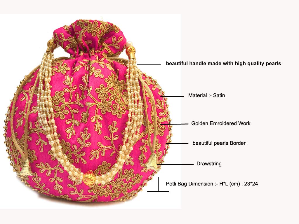 EKAVYA Potli Bag Woman Rani color Pouch/Coin/Jewellery Purse for Women & Girls Heavy Potli Bag for wedding and party H*L -9 * 9.5 Inch