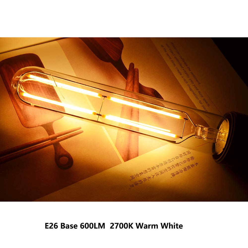 Gogailen ROUENOK Dimmable 6W Tubular LED Bulbs, T10 T30 LED Vintage Bulb 60 Watt Equivalent, Warm White 2700K, E26 Medium Base 600LM, 7.3 Inches Long Edison Style Filament Light Bulb, Pack of 4