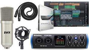 presonus studio 24c 2x2 usb type-c audio/midi interface and studio one artist software kit with condenser microphone shockmount, and xlr cable