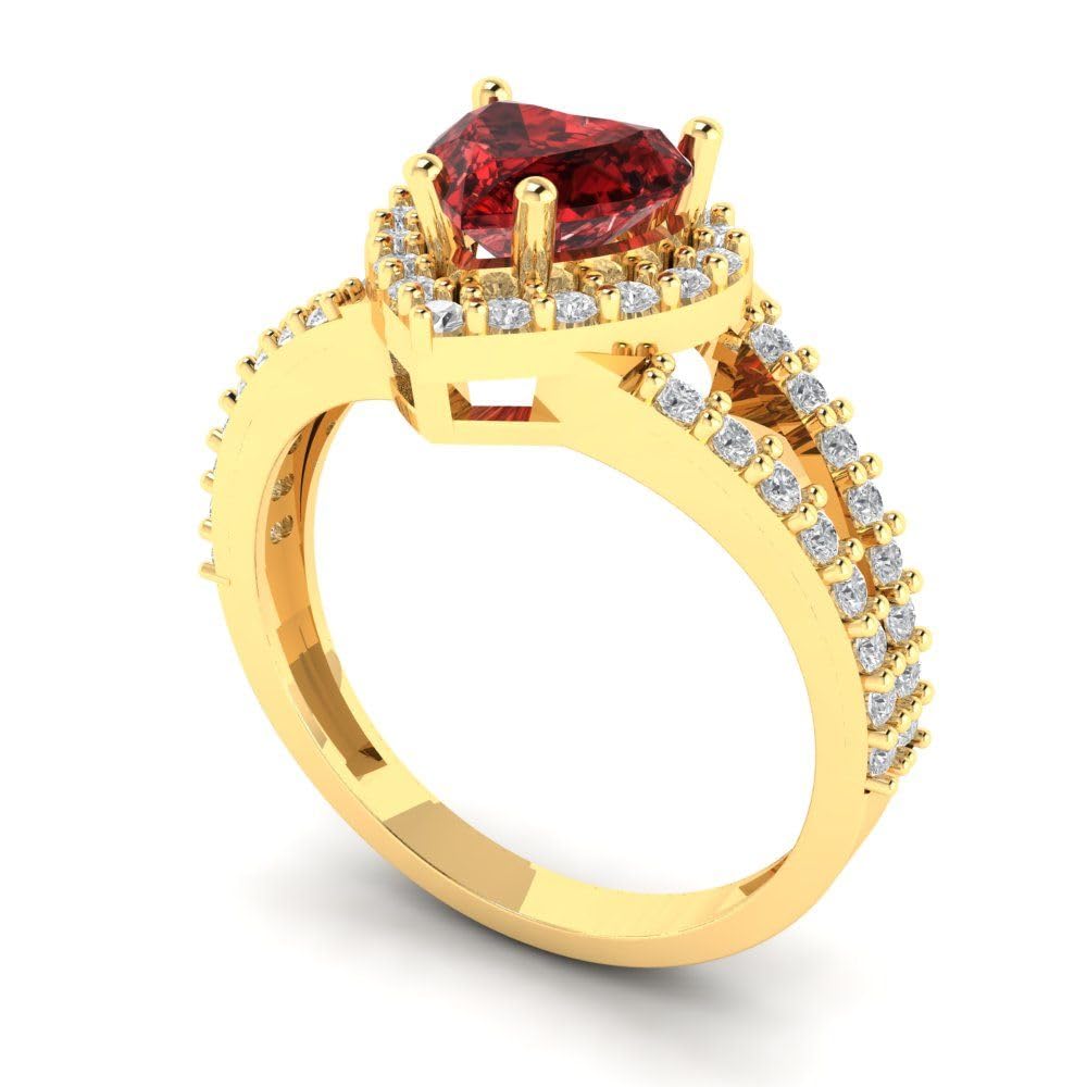 Clara Pucci 1.72ct Heart Cut Solitaire Halo split shank Natural Scarlet Red Garnet designer Modern Statement Ring Solid 14k Yellow Gold