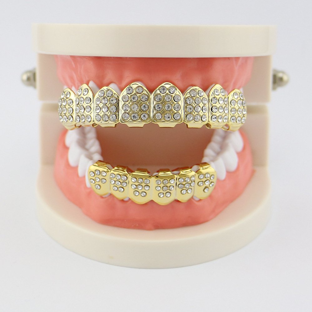 Gold Teeth Grillz for Men Grills for Your Teeth Women 18K Plated Iced Out Diamond Poker Heart CZ Top and Bottom Grill Set Hip Hop Rapper