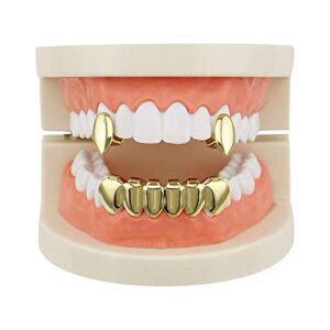 18k gold vampire dracula teeth grillz 2pc single fangs and 6 bottom grillz set