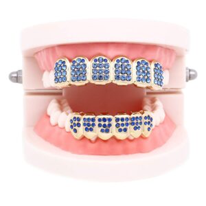 18K Gold Plated Iced Out CZ with Red Blue Pink Diamond Top and Bottom Grills for Your Teeth Men Women Hip Hop Jewelry