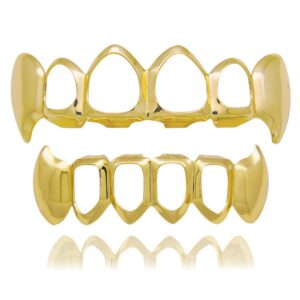 18k gold plated grillz fangs 6 open face silver plated top & bottom set