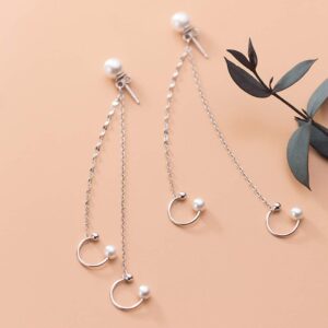 SLUYNZ 925 Sterling Silver Unique Double Cuff Earrings Chain for Women Shell Pearl Studs Earrings Pearl Cartilage Earrings