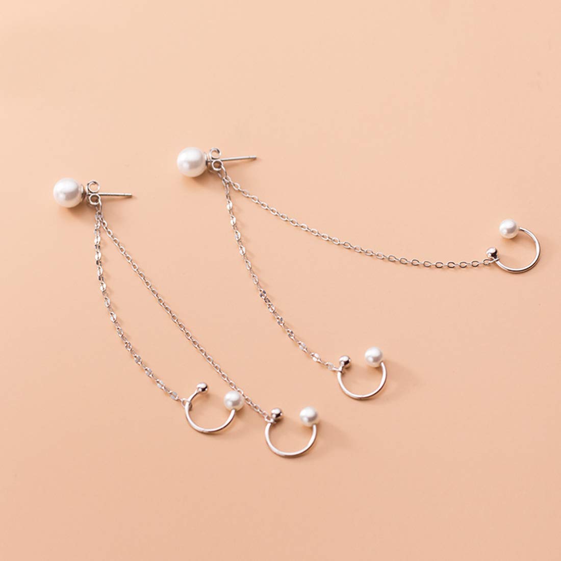 SLUYNZ 925 Sterling Silver Unique Double Cuff Earrings Chain for Women Shell Pearl Studs Earrings Pearl Cartilage Earrings