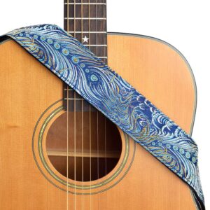 cloudmusic guitar strap for acoustic electric embroidered jacquard vintage floral patterns(colorful feather in blue)