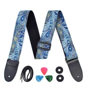 CLOUDMUSIC Guitar Strap For Acoustic Electric Embroidered Jacquard Vintage Floral Patterns(Colorful Feather In Blue)