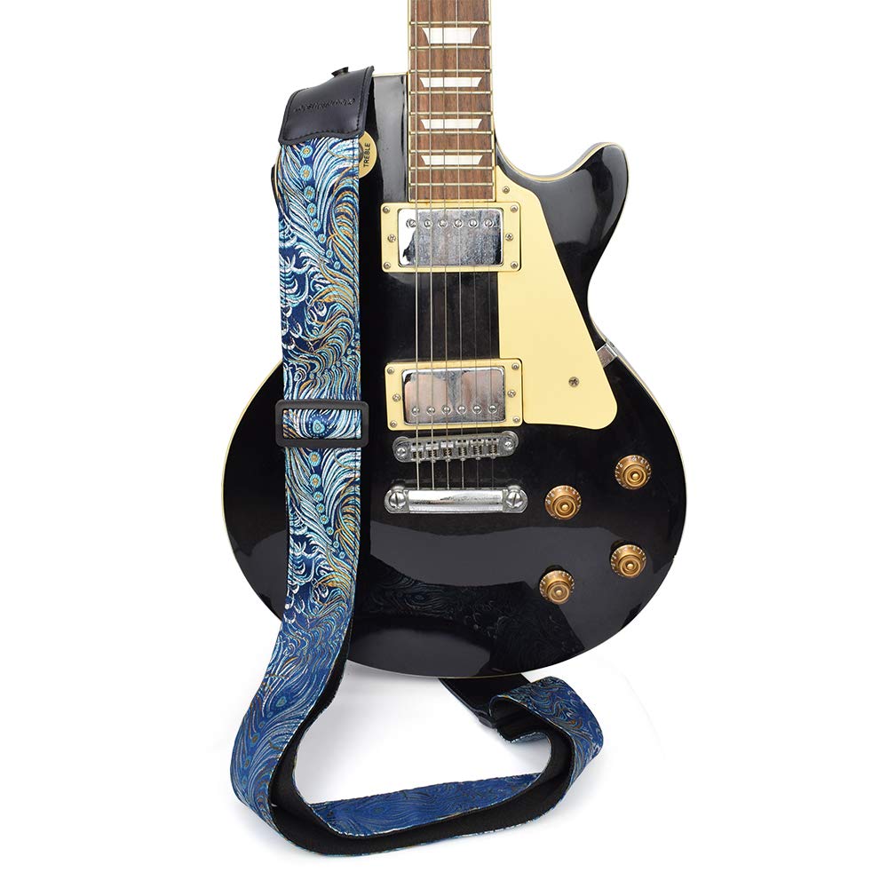 CLOUDMUSIC Guitar Strap For Acoustic Electric Embroidered Jacquard Vintage Floral Patterns(Colorful Feather In Blue)