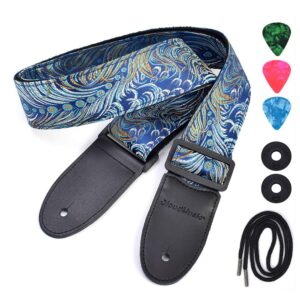 CLOUDMUSIC Guitar Strap For Acoustic Electric Embroidered Jacquard Vintage Floral Patterns(Colorful Feather In Blue)